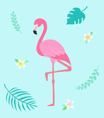 Tropical illustration with flamingo and tropical plants, 홍학과 열대식물이 있는 열대 일러스트