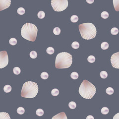 Watercolor seamless pattern with shells and pearls. Hand painting clipart underwater life objects on a white isolated background. For designers, decoration, postcards, wrapping paper, scrapbookin