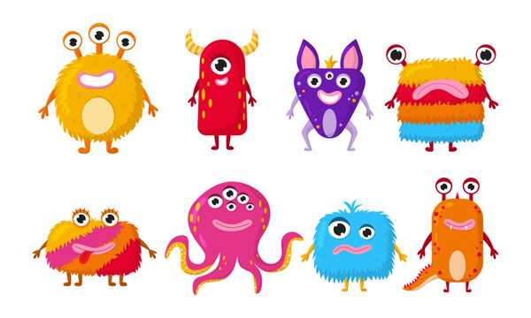 Vector cartoon monsters set. Collection funny aliens icon isolated on white background. Clip art for party decoration, stickers