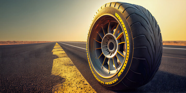 summer tires on the asphalt road in the sun, industry concept, generative ai