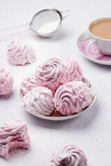 Delicious sweet dessert pink marshmallow close-up