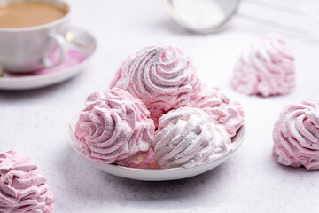 Delicious sweet dessert pink marshmallow close-up