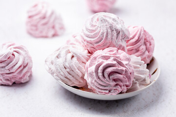 Delicious sweet dessert pink marshmallow close-up