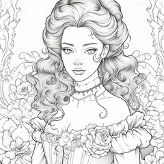 Coloring page. Portrait of a girl in gothic style. Flowers and plants. Antistress. AI