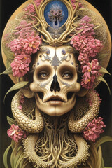 Female Skull Face with Flowers AI Generative