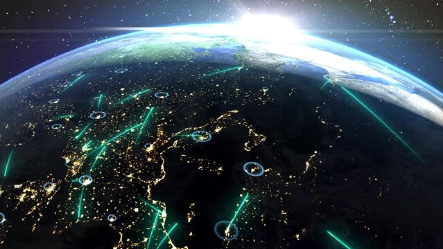 Visualization of digital data exchange. Connected signal lines show the transmission of information around the world. Social networks, media, networking, global Internet. Lights of cities at night. 4k