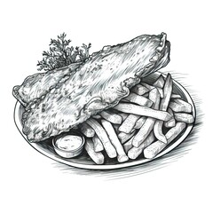 A sketchy set of fish and fries on a white background. AI Generative