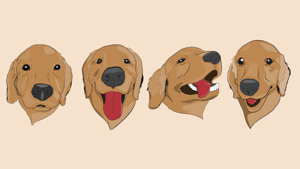 a set of golden retriever characters. Being puppy eyes, friendly, happiness, smiling. Hand-drawing golden retriever cartoon.