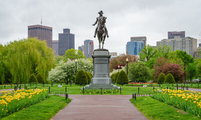 The  George Washington Statue at the Center of Public Garden or the Boston Public Garden in...