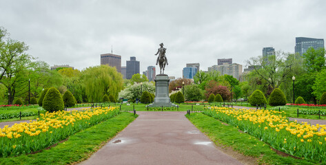 The  George Washington Statue at the Center of Public Garden or the Boston Public Garden in Massachusetts