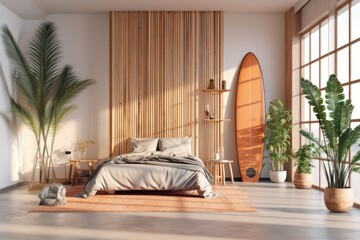 bedroom in hotel  room with a  surfboard , ai generative