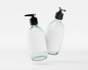 Zwei Glasflaschen mit Pumpe Spender für Kosmetikprodukte und blanko Etiketten, Mock Up