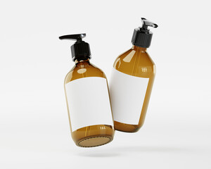 Zwei Glasflaschen mit Pumpe Spender für Kosmetikprodukte und blanko Etiketten, Mock Up