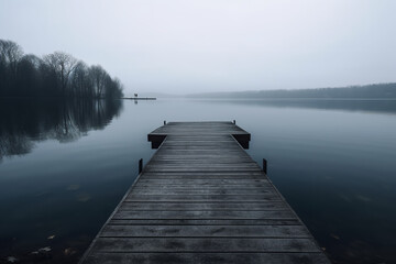 Fototapeta premium Empty pier on a lake, moody fog on the lake