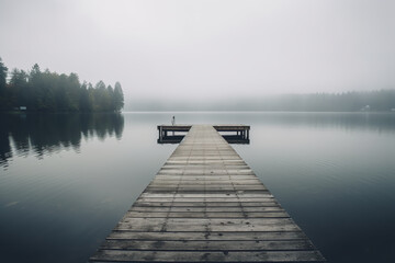 Empty pier on a lake, moody fog on the lake