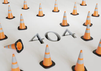 404 Error Meldung mit Verkehrspylonen als Absperrung, Seite nicht gefunden