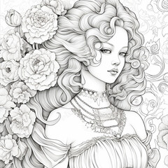 Coloring page. Portrait of a girl in retro style. Flowers and plants. Antistress. AI