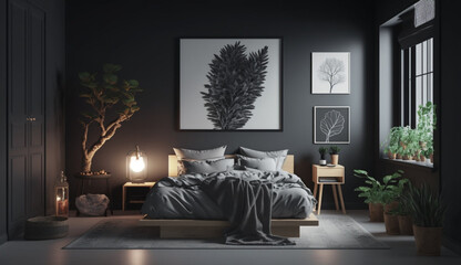 Dark bedroom interior mockup big art picture and dark wall background Scandinavian style Generative AI