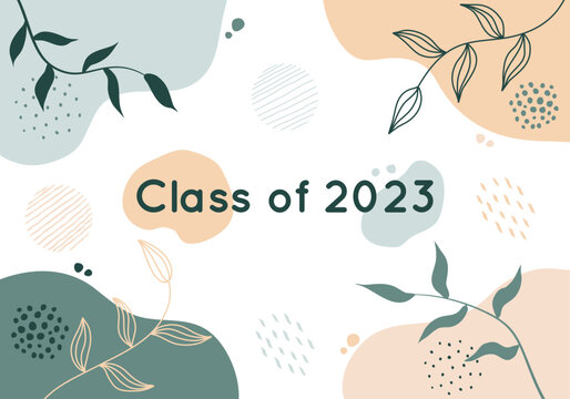 Class of 2023 Boho Art Style Banner Vector Illustration. Academic year student graduation party graphic resource. Floral and Trendy neutral color palette. Website header, social media post, promotion - Powered by Adobe