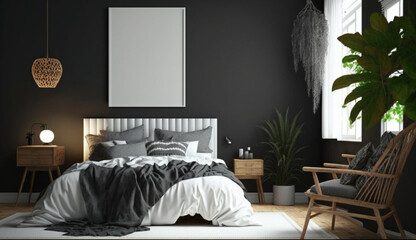 Bedroom interior mockup with a large empty whiteboard dark wall background Scandinavian style Generative AI
