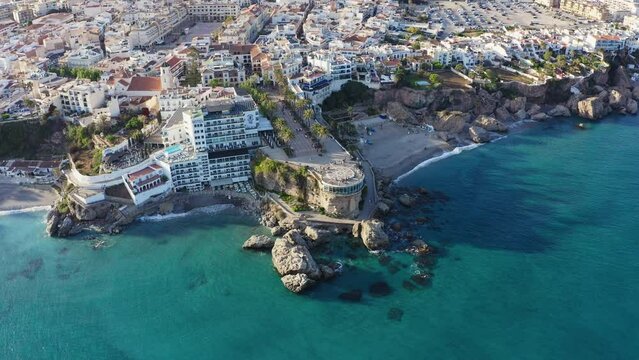 Aerial drone shot of Andalusian coastal town Nerja, Balcon de Europa viewpoint