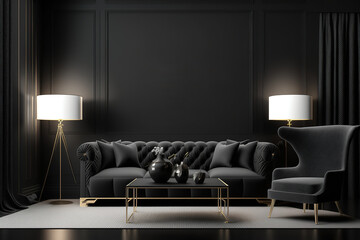 Black interior luxury style. Living room with dark walls. Minimalistic apartment design. Generative Ai.