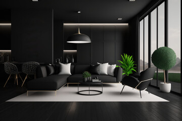 Black interior luxury style. Living room with dark walls. Minimalistic apartment design. Generative Ai.