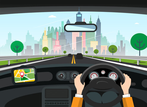 Driver in car holding steering wheel - automobile on asphalt road with city on background - vector