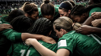 A fictional person. Intense Halftime Strategy Session of Women's Soccer World Championship Team