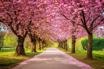 Naklejka premium Sakura Cherry blossoming alley. Wonderful scenic park with rows of blooming cherry sakura trees in spring. Pink flowers of cherry tree