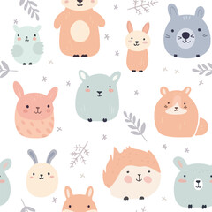 Seamless pattern with animals and leaves, baby decorations