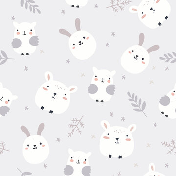 Seamless pattern with rabbit, bunny, birds cartoons and on pastel background.