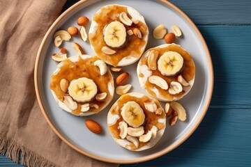 Rice cakes with peanut butter and slices of banana, ai generative