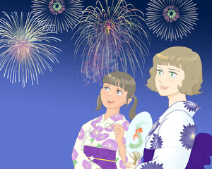 Women in floral-design yukata watching fireworks