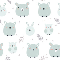 Cute animals background. Seamless pattern for baby shower decor, nursery print, kids apparel, wrapping paper, fabric, and textile.