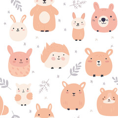 Childish seamless pattern with hand drawn animals. Trendy scandinavian background. Perfect for kids apparel, fabric, textile, nursery decoration, wrapping paper