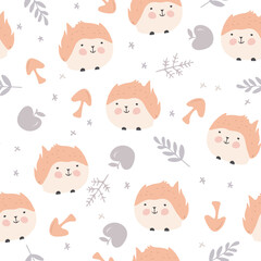 Seamless cute hedgehog animal pattern isolated on white background with mishrooms and apples.