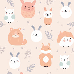 Childish seamless pattern with funny animals faces. Creative kids texture for fabric, wrapping, textile, wallpaper, apparel.