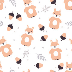 Fototapeta premium Cute seamless pattern with squirrel, nuts and trees. Hand drawn background.