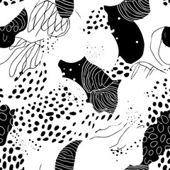 Black and white hand-drawn pattern features bold and graphic abstract shapes in a contemporary print. It's perfect for creating a fashionable design template and adds a modern touch to any project.