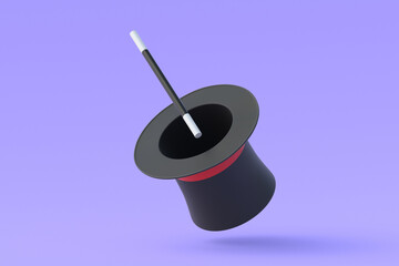 Levitating magic cylinder and stick. Sorcery concept. Magical accessory. Mystery show. Illusion trick. Circus performance. 3d render