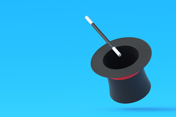 Magic cylinder and stick. Sorcery concept. Magical accessory. Mystery show. Illusion trick. Circus performance. Copy space. 3d render