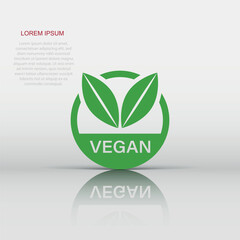 Vegan label badge vector icon in flat style. Vegetarian stamp illustration on white isolated background. Eco natural food concept.