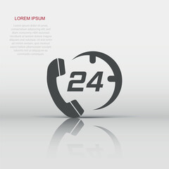 Technical support 24/7 vector icon in flat style. Phone clock help illustration on white isolated background. Computer service support concept.