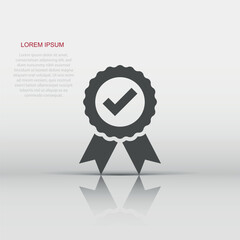 Approved certificate medal icon in flat style. Check mark stamp vector illustration on white isolated background. Accepted, award seal business concept.