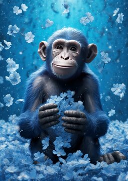 Adorable Cartoon Animated Chimpanse playing with blue Flower Leafs Generative AI