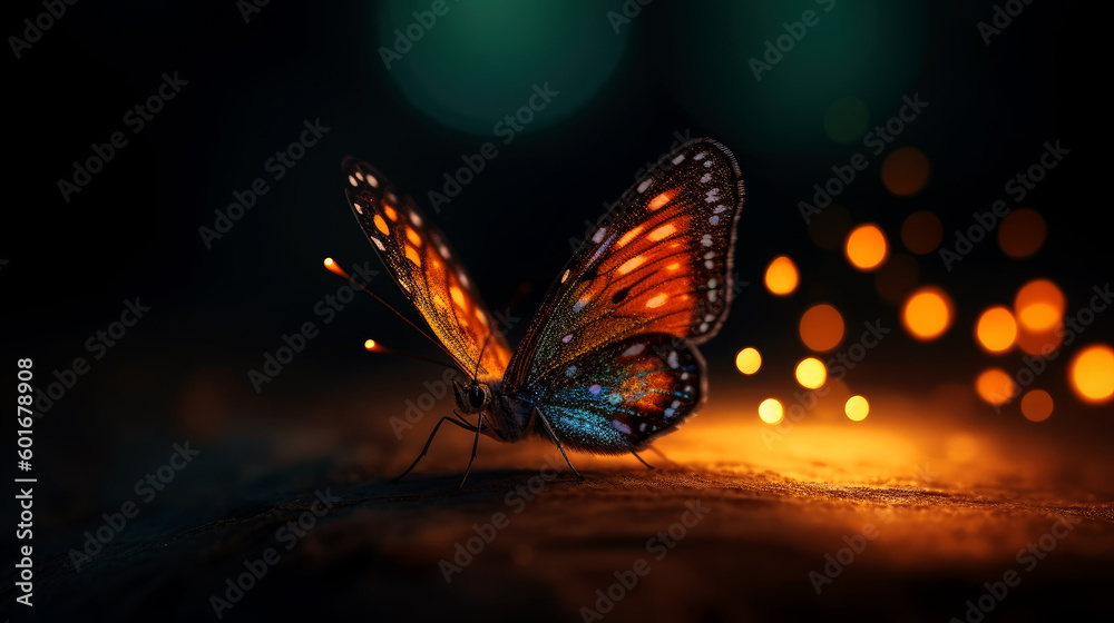 Poster illustration of a color butterfly, abstract color background, generative ai.