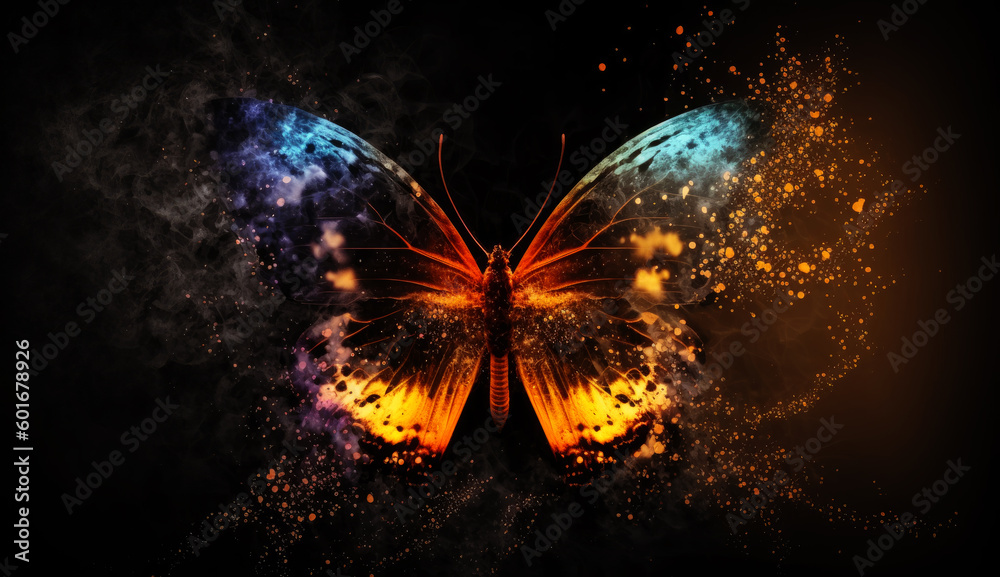 Poster illustration of a color butterfly, abstract color background, generative ai.