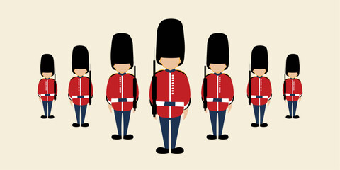 British soldiers. Simple cartoon of a Queen's Guard in traditional uniform, British soldiers isolated on beige background. Vector illustration.