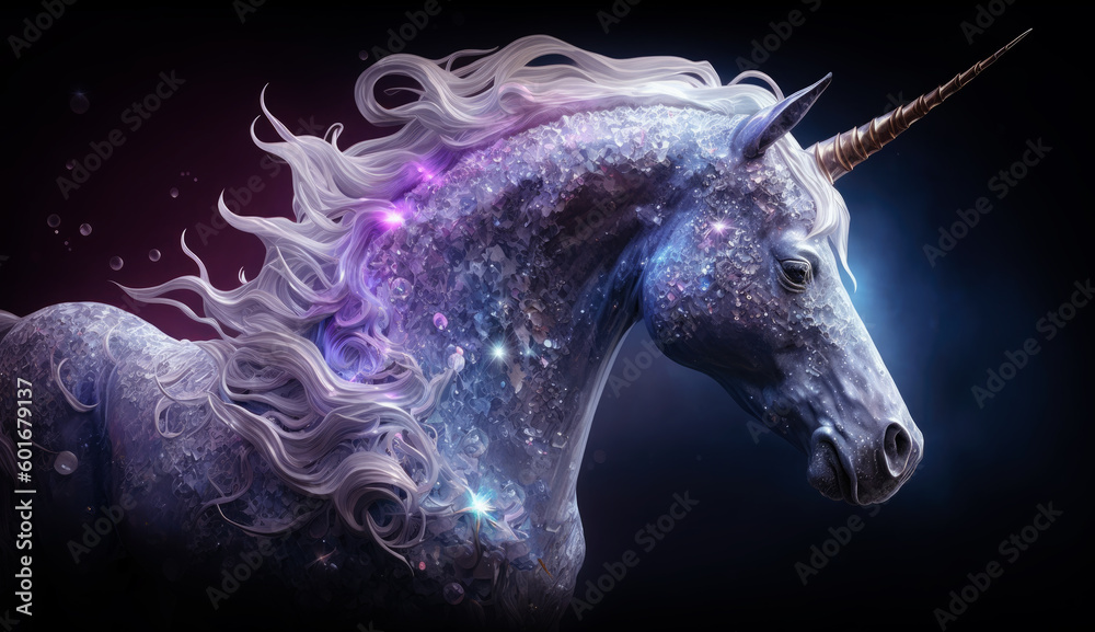 Poster crystal unicorn on black background. generative ai.